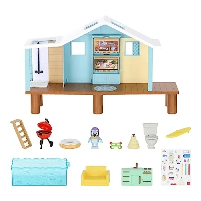 Image de Bluey Set de Jeu La cabane Plage avec Figurine Exclusive Portant Un Masque plongée. Contient 10 éléments et Une Feuille d’Autocollants, Noir