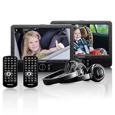 Image de Lenco DVP 939 lecteur DVD portable 2 x 9 pouces avec casques et supports d&#039;appui tête batterie rechargeable intégrée entrée USB de carte SD noir