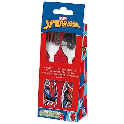 Image de Marvel Lot de 2 couverts bleu et rouge pour enfants en acier inoxydable Spiderman avec pointes arrondies