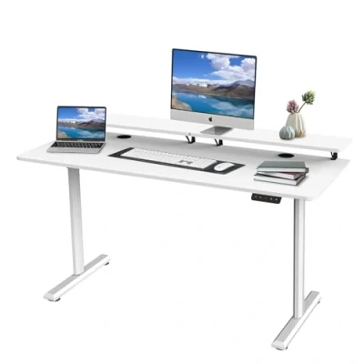 Image de Ordeluxe Bureau Assis Debout Électrique 140x60cm, Support de Moniteur Amovible, 2 Positions Mémorisables, Acier T Pieds avec Système Anti Collision, Panneau Contrôle à Fonctions Mémoires