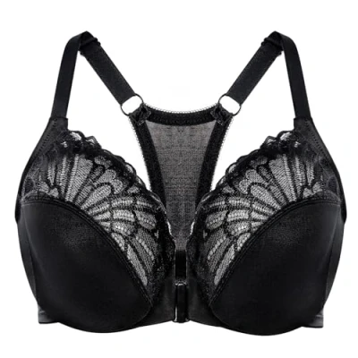Image de MELENECA Soutien Gorge à Armatures en Dentelle avec Dos Nageur et Fermeture sur Le Devant pour Femme, Non doublé, Grande Taille, Couverture complète Noir 120H