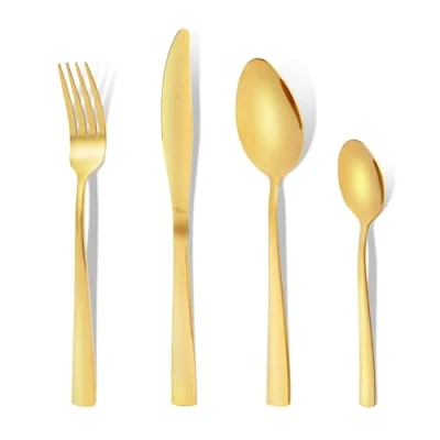 Image de couverts de Table en Acier Inoxydable Doré, ménagère 32 pièces avec fourchette, couteau, cuillère et à café, dorés pour 8 personnes, design moderne polissage des miroirs