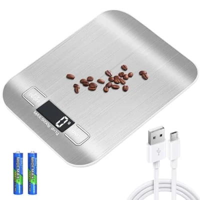 Image de Balance de cuisine numérique 10 kg/1 g Rechargeable par USB Avec écran LCD et fonction tare câble charge batterie Argenté/blanc