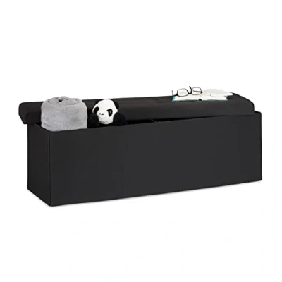 Image de Relaxdays 10019049 _ 46 Pouf pliant, banc avec rangement, repose pieds, lin, noir, 114 x 38 cm