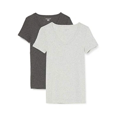 Image de Amazon Essentials T Shirt Col en v à Manches Courtes Coupe Ajustée Femme, Lot de 2, Charbon Chiné/Gris Clair Chiné, XS