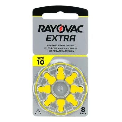 Image de Rayovac 10AUX 8XEMF Extra 10 Lot de 8 Piles Zinc air pour appareils auditifs, Haute Performance, 1 Carte Blister, Jaune
