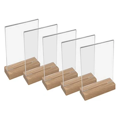 Image de HMF 46942 Présentoir de Table Acrylique avec Base en Bois 5 Pièces DIN A5 Format Portrait Transparent