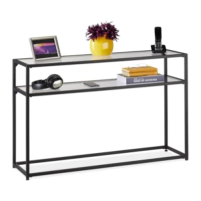 Image de relaxdays Table de Console, 2 Surfaces, Meuble d’appoint étroit, Couloir &amp; Salon, métal, Verre, HLP 70x110x30 cm, 60% Acier 40, Noir, Transparent, 1 élément