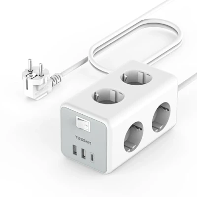 Image de TESSAN 6 Prises Multiprise USB C, Prise Multiple avec Rallonge Electrique 3M, Tour 1 C et 2 A, 9 en Interrupteur, 3600W Bloc 3M pour Le Bureau