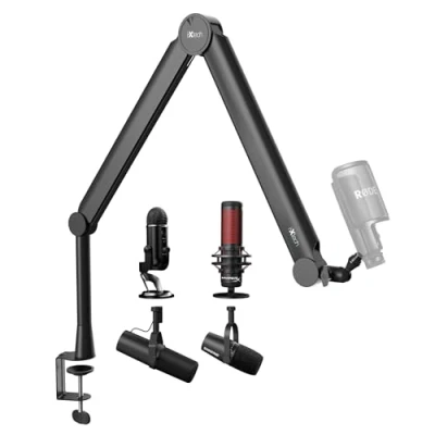Image de IXTECH Bras de micro avec support bureau, rotatif à 360, réglable et pliable, montage ciseaux pour podcast, jeux vidéo, radio audio studio, robuste universel (VALIANT)