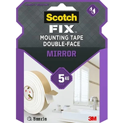 Image de Scotch Fix Ruban de Montage Double Face pour Miroirs 1 Rouleau, 19 mm x 5 m Intérieur, Salles Bain, Cuisines Céramique, Bois, Métal, Verre, Murs Peints Sans Outils Supporte jusqu&#039;à kg
