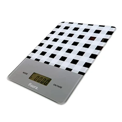 Image de FISURA Balance de cuisine numérique violette avec motif vichy électronique originale 5kg/11lbs. Fonction Tare Précision. Verre et ABS. 15 x 22 (Vichy noir blanc)