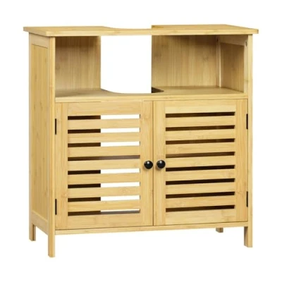 Image de EUGAD Meuble sous Lavabo Salle de Bain, Bain en Bambou, avec Portes à Lamelles et 1 Compartiment Ouvert, Étagère Réglable, 60x30x60 cm
