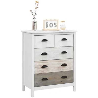 Image de Commode 5 tiroirs HOMCOM meuble de rangement poignées 70 x 38 85 cm blanc