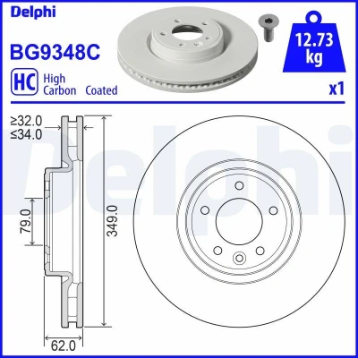 Image de DELPHI BG9348C Disque de frein 349 34 5 ventilé revêtu à haute teneur en carbone sans roulement roue, bague ABS LAND ROVER: Range Rover Sport
