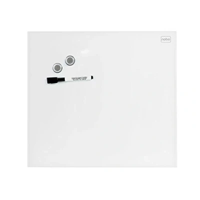 Image de Nobo Petit Tableau Blanc Mural Carré, Surface Magnétique en Verre Effaçable à Sec, Sans Cadre, Fixations Invisibles, 300 x mm, Feutre Marqueur et Aimants Inclus, Blanc, 1903956