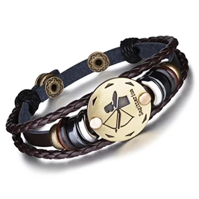 Image de Infinite U Bracelet tressé rétro Multi Rangs Les Douze Signes du Zodiaque Le Sagittaire en Alliage et Cuir Brun Sombre pour Femme Homme