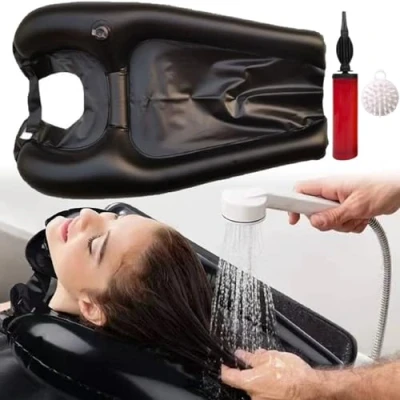 Image de Oreiller De Shampoing Gonflable,Lavabo Portable Pour Cheveux,Lavabos Gonflables,Bac Lave Cheveux Lit Avec Pompe et Brosse à Personnes âgées Enfants Femmes Enceintes