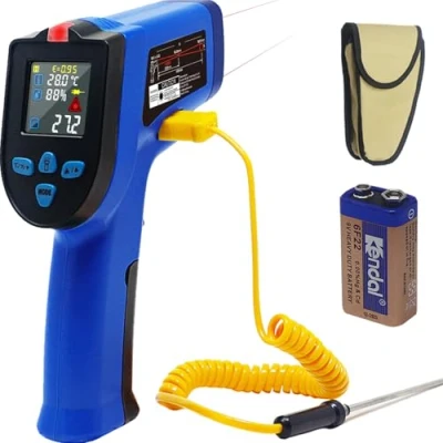 Image de KETOTEK Thermomètre infrarouge, Pistolet de Température double Laser Sans Contact 50C 550C, Pyromètre avec thermocouple K Emissivité Réglable Fonction NCV Mesure l&#039;humidité, cuisine industrie
