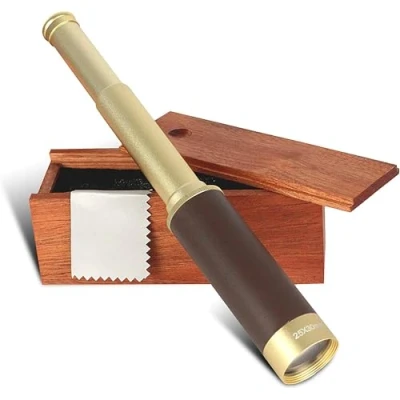 Image de Coffret Longue Vue Puissante Télescope Monoculaire Grossissement x 25 Lentille 30 mm Randonnée, Chasse, Bateau, Observation des Oiseaux et Paysages Boîte de Rangement Bois 33 CM Doré