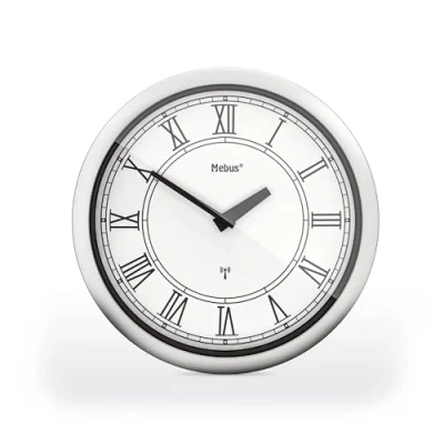 Image de Mebus Horloge Murale Radio pilotée 26 cm silencieuse Chiffres Romains Cadre argenté Cadran Blanc modèle 19811 Classique et