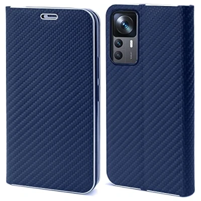 Image de Moozy Coque a Rabat pour Xiaomi 12T et Pro, Carbone Bleu Foncé Protection de Contour Métallique Housse Étui Portefeuille avec Porte Cartes