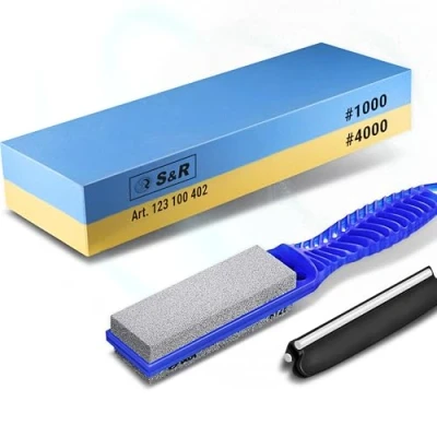 Image de S&amp;R Pierre à Aiguiser Couteaux 1000/4000 + Affuter Grain 120/240 Guide d&#039;angle. 100% Coridon. Pour Couteaux, Ciseaux, Burins, Sécateurs, Haches. Set Professionnel