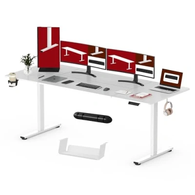 Image de SANODESK Bureau Assis Debout Électrique 200x80 cm Réglable en Hauteur, Panneau Clavier Contrôle à Fonctions Mémoires avec Crochet, Blanc