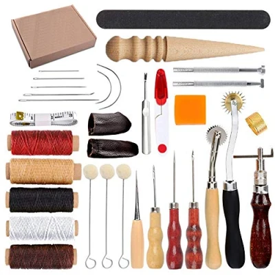 Image de HOSTK 33pc DIY En Cuir Artisanat Main Kit Outils Ensemble pour Coudre Estampage Sculpture Selle Artwork Accessoires Poinçon Dé à