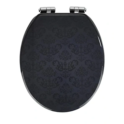 Image de WENKO Abattant WC Bellevue avec Frein de Chute Lunette Toilettes Motif 3D Fixation INOX Installation Facile Tampon Mural MDF 35,5 x 42,5 cm Noir