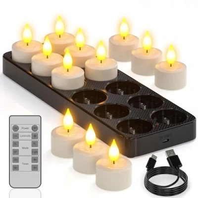 Image de Yme Lot de 12 Bougies chauffe plat rechargeables avec fonction Minuterie et station charge LED vacillantes télécommande pour chambre, salon,