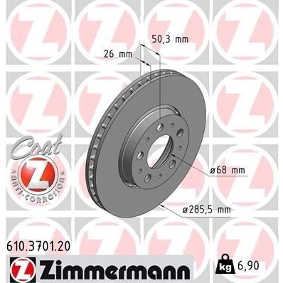 Image de ZIMMERMANN COAT Z 610.3701.20 Disque de frein 286 26 10/5 5 108 ventilé l&#039;extérieur revêtu VOLVO: V70 2, S60 I, XC70 I Cross Country