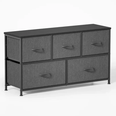 Image de Xbro Commode, Commode avec 5 Tiroirs en Tissu, Meuble de Rangement pour Placards, Dessus Bois et Cadre Métal Chambre à Coucher, Salon, Couloir (Gris Foncé)