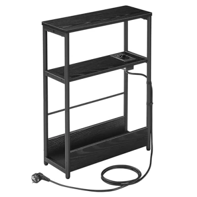 Image de VASAGLE Table d’Appoint Fine avec Multiprise, de Chevet à 3 Niveaux, Bout Canapé, pour Petits Espaces, Porte Magazines, Salon, Chambre, Bureau, Noir Boisé et d&#039;encre LET335B02
