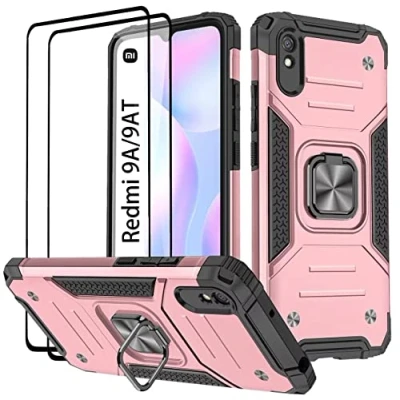 Image de KANSi Coque Compatible pour Xiaomi Redmi 9A / 9AT, Verre Trempé [2 Pièces] Housse TPU Silicone Rotation 360 Aimant Anneau Support Double Défense Protection Etui Or Rose