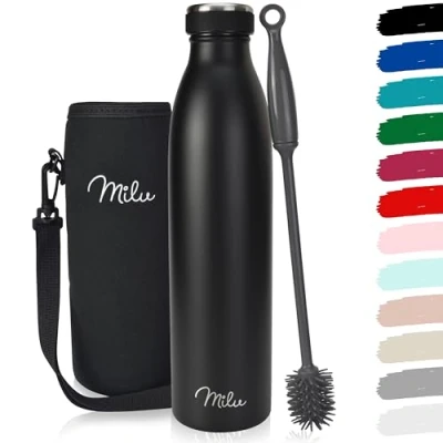 Image de Milu Gourde en acier inoxydable 350 ml 500 ml, 750 1000 1,5 l bouteille isotherme, d&#039;eau isolée, double paroi anti fuite, convient aux acides carboniques (Noir, 1L)