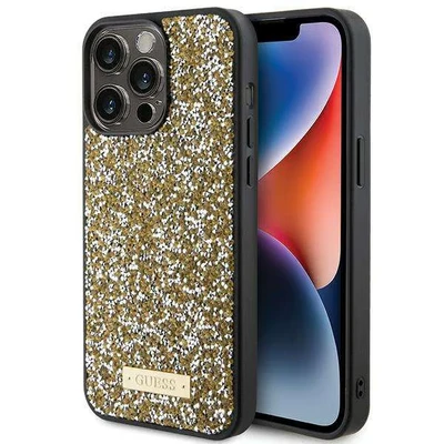 Image de Étui Guess pour iPhone 15 Pro 6.1 jaune étui rigide Rhinestone Metal Logo Neuf