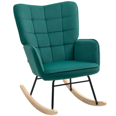 Image de HOMCOM Fauteuil à Bascule, Rocking Chair, revêtement en velous, Allaitement, Chaise basule, Structure Acier, Pieds Bois Massif, Vert foncé