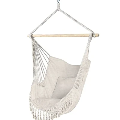 Image de VOUNOT Chaise Suspendue en Coton Doux avec 2 Coussins Siège Suspendu Balançoire pour Intérieur et Extérieur Hamac Portable à Franges Beige