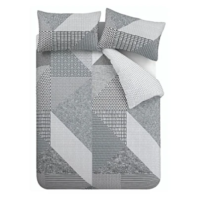 Image de Catherine Lansfield Larsson Geo Parure de lit Simple réversible avec Housse Couette et taie d&#039;oreiller Gris