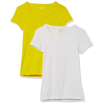 Image de Amazon Essentials T Shirt Ajusté à Manches Courtes et Encolure Dégagée Femme, Lot de 2, Blanc/Jaune Citron, M