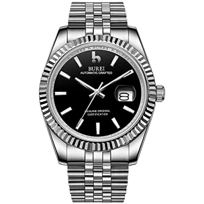 Image de BUREI Homme Montre Automatique Cadran Analogique Noir avec Date Bande en Acier Inoxydable Cristal Saphir Or