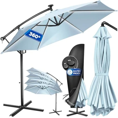 Image de KESSER® Parasol déporté solaire LED en Aluminium avec housse, télécommande et manivelle à support Fonction 360 Protection UV imperméable (bleu clair, 300 cm)