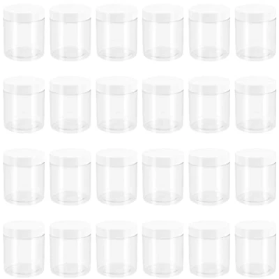 Image de PINGEUI Lot de 24 bocaux ronds en plastique transparent 250 ml avec couvercle, sans BPA, ouverture large, pour slime, nourriture, épices, liquides, travaux manuels
