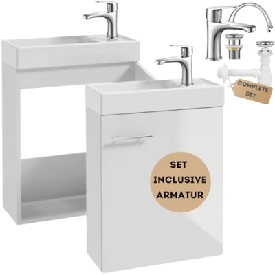 Image de Deftrans meuble de salle bain, blanc, 50 x 70 21,3 cm, ensemble bain avec lavabo et robinet, suspendu, moderne, robinetterie lavabo, armoire étroite