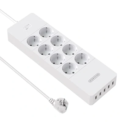 Image de NTONPOWER 1700J Multi Prise Parafoudre et Surtension, 4000W/16A Multiprise 8 Prises 5 USB Ports avec Interrupteur Protégé Contre Les Surcharges, Rallonge Multiprises 1.5m Support Mural Blanc