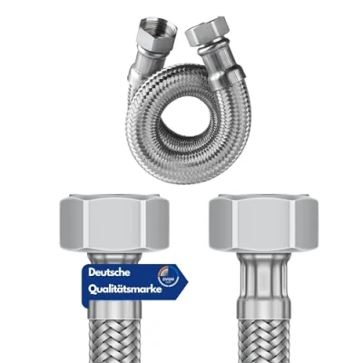 Image de Tuyau flexible certifié DVGW 3/8&quot; et 1/2&quot; avec joints raccord de Rallonge blindé (écrou raccordement x écrou 3/8&quot;, 100 cm)