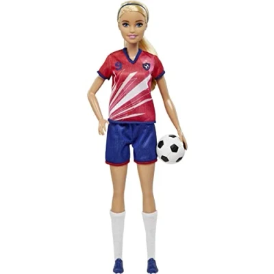 Image de Barbie Poupée Footballeuse avec Queue de Cheval Blonde, Maillot n 9, Balle Foot, Chaussures à Crampons et Chaussettes Hautes Jouet Enfant, Dès 3 Ans, HCN17