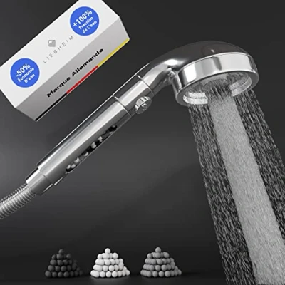 Image de pommeau de douche LIEBHEIM economie deau avec filtres et boules minérales douchette à main haute pression d&#039;eau anti calclaire (Pommeau + 3 remplissages)