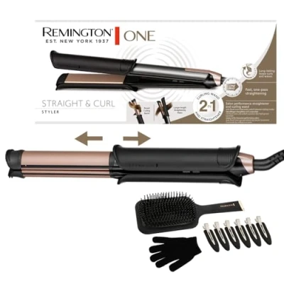 Image de Remington ONE Lisseur &amp; boucleur cheveux [2en1] Straight&amp;Curl (Embouts flexibles: mode lissage et boucles 32 mm, vérouillage des plaques, contrôle température 150 230C, brosse pinces incl.) S6078